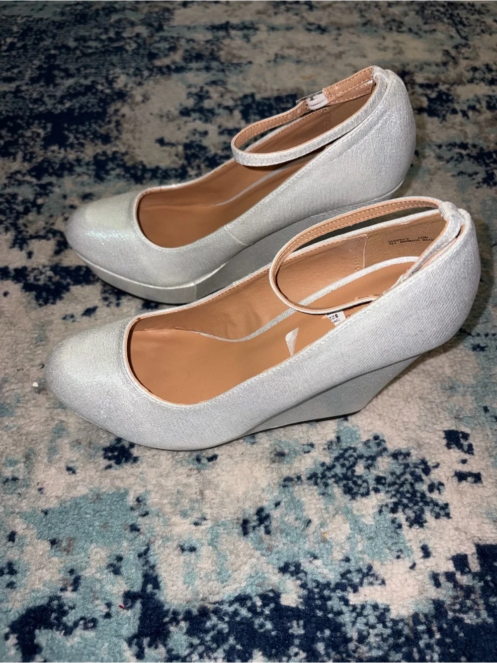 Dollhouse White Shimmer Ankle-Strap Mary Jane Wedge Pumps